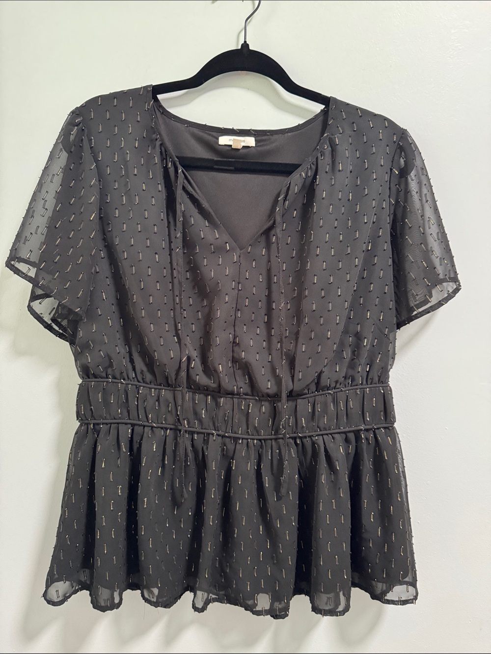 Maurices Black Sheer Peplum Top with Gold Metallic Strips